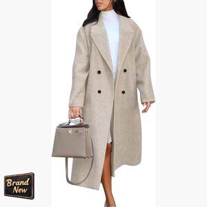 Long Pea Coat Double Breasted Trench Overcoat Winter Wool Blend